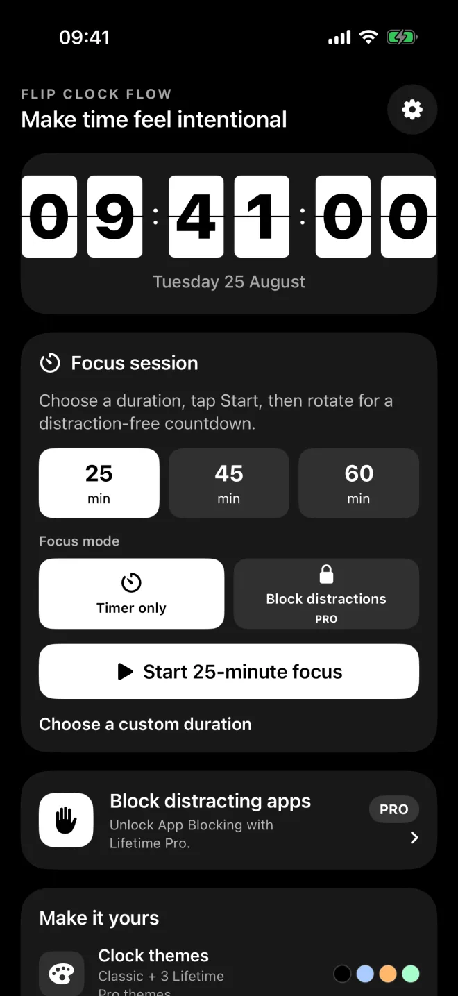 Flip Clock Flow portrait dashboard with the clock, focus controls and display options